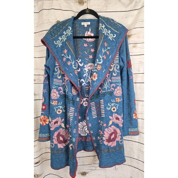 Adore Embroidered Sweater Hoodie Cardigan S Open Front Boho Teal Mid Length - Picture 1 of 8